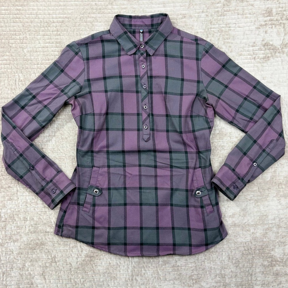 Kuhl Womens Plaid Henley Shirt Purple Grey Long Sleeve Pockets Style 8341 Small